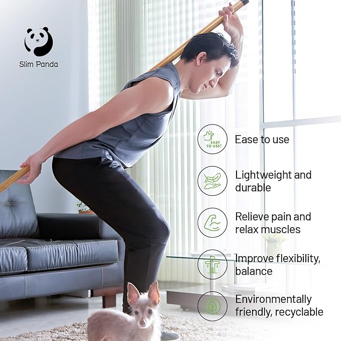 Slim Panda Yoga Stick, 5ft Natural Bamboo Stick with Rubber Ends, Exercise Stretching Stick for Yoga, Stretching, Balance and Correcting Posture, Rehabilitation Physical Therapy Aids-GravixFit