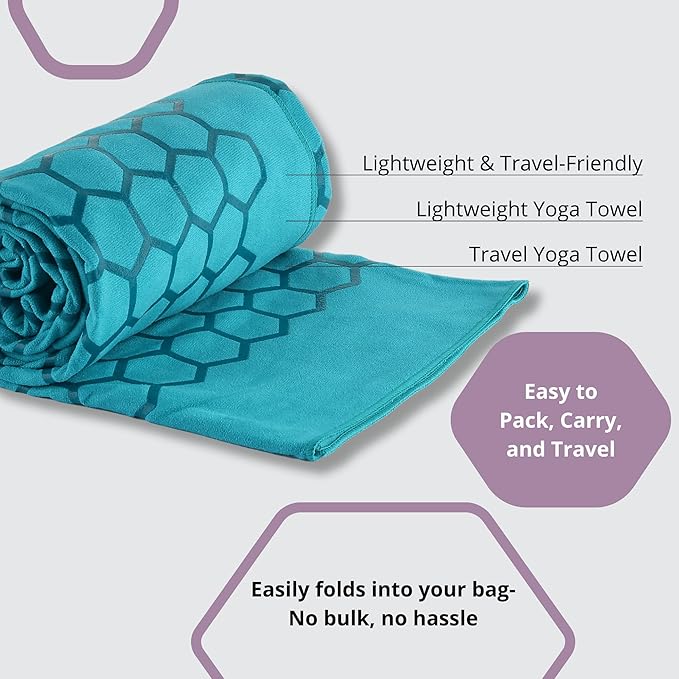 Clever Yoga Non-Slip Hot Yoga Towel – Non-Slip Grip for Hot Yoga, Sweat Absorbent, Honeycomb Silicone Grip, Stays Flat – Ideal for Pilates, Travel, Washable & Lightweight - Turquoise-GravixFit