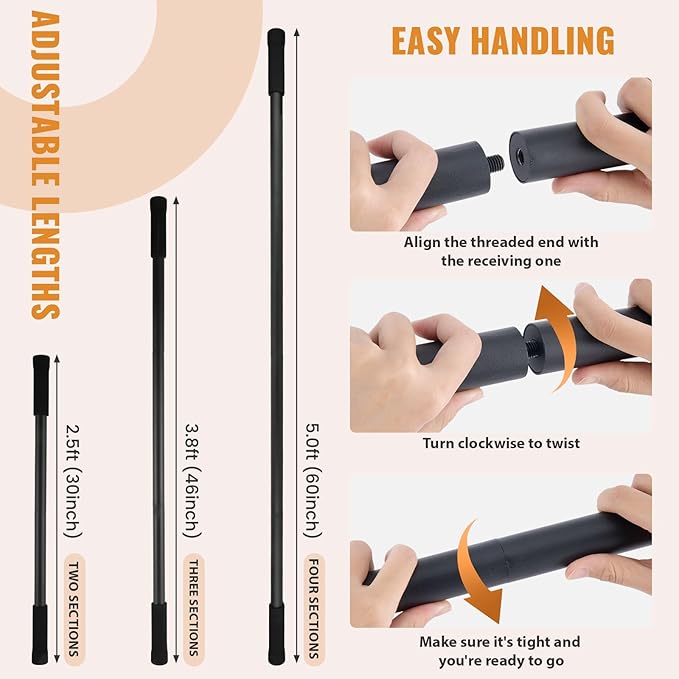 Yoga Stick 5ft Mobility Stick, Sturdy Steel Exercise Bar Adjustable Stretching Stick for Mobility, Training, Flexibility and Balance, Versatile Stretch Bar with 4 Steel Rods & Foam Handles-GravixFit