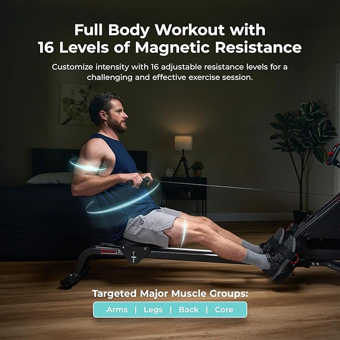 Sunny Health & Fitness Magnetic Rowing Machine for Home Exercise, Quiet & Smooth Rower with Compact Storage and Optional Free SunnyFit App Connectivity