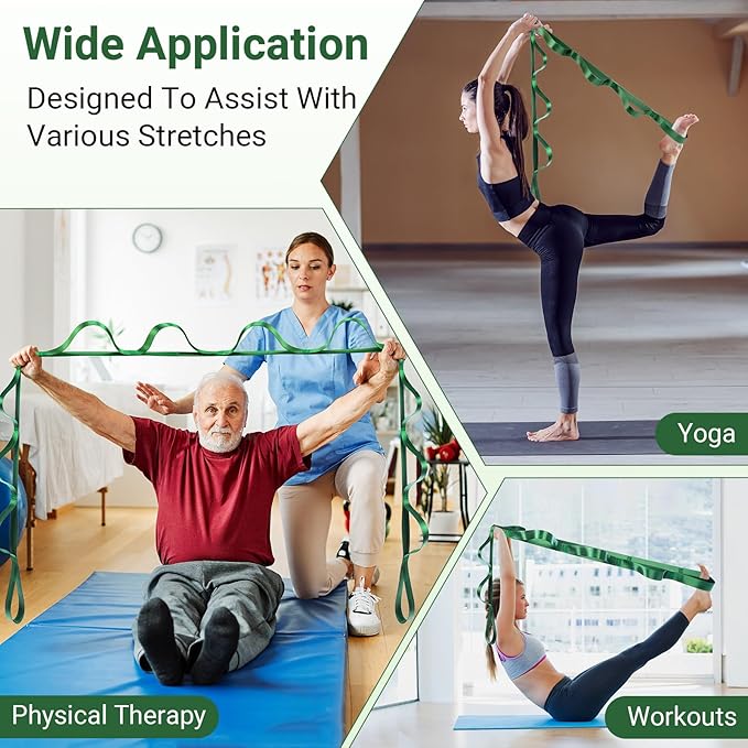 Stretch Strap With Loops For Physical Therapy, Yoga Straps For Stretching With Loops, Non-elastic Leg Straps For Knee Rehab, 8 ft Long x 1.2 inch Wide-GravixFit