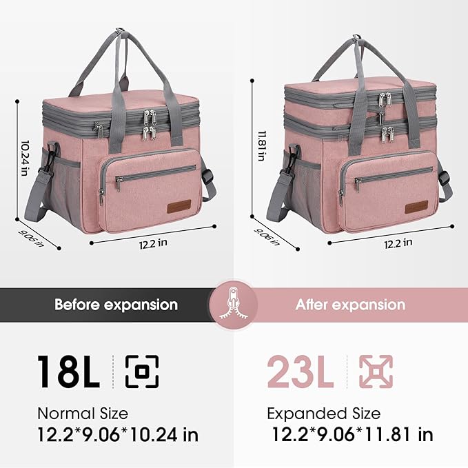 Maelstrom Lunch Bag Women,23L Insulated Lunch Box for Men Women,Expandable Double Deck Lunch Cooler Bag,Lightweight Leakproof Lunch Tote Bag with Side Tissue Pocket,Pink-GravixFit