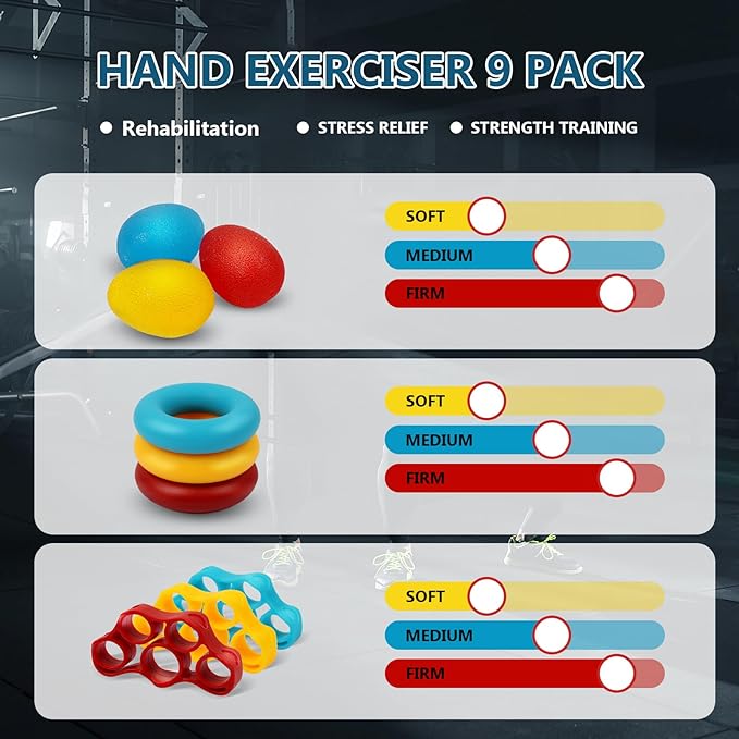 11PCS Grip Strength Trainer Kits, Hand Gripper Strengthener, Forearm Strengthener, Finger Strengthener, Finger Exerciser, Hand Exerciser, Stress Relief Ball, Grip Ring, for Muscle Building, Recover Hand Injury-GravixFit