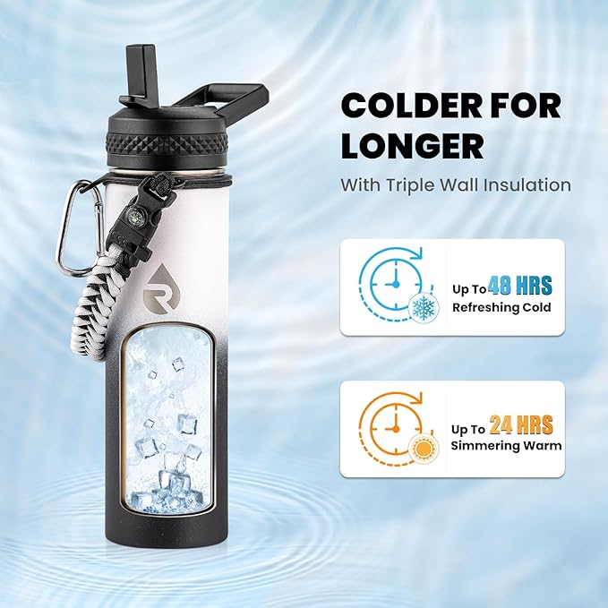 Insulated Water Bottle 20 oz, Triple Wall Vacuum Stainless Steel (Cold for 48 Hrs), Leak Proof & Non-BPA, Kids Water Bottle Jug for School with Straw Spout Lids, Ombre: White/Black-GravixFit