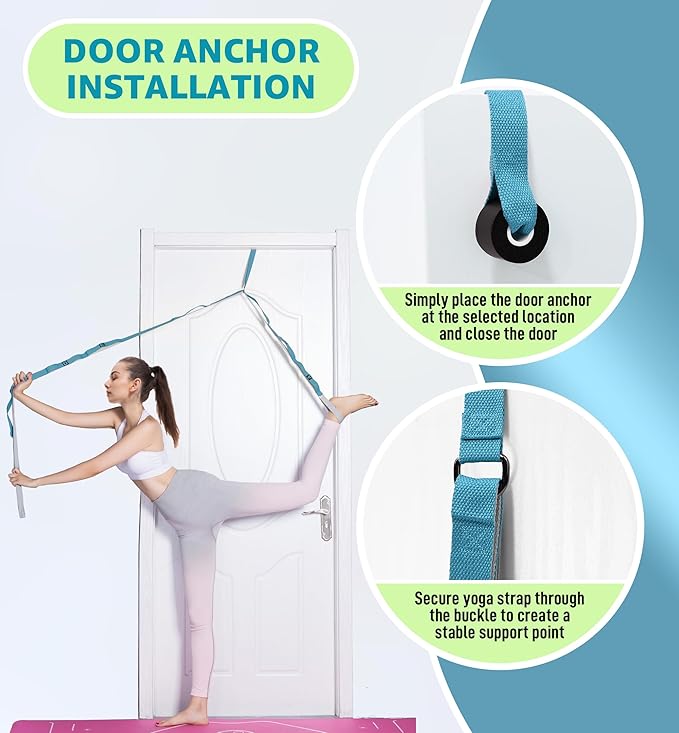 HiRui Stretching Strap Yoga Strap with Door Anchor, 14-Loops Non-Elastic Stretch Straps for Physical Therapy, Pilates, Dance, Gymnastics | Stretch Band with Workout Guide for Women & Men-GravixFit