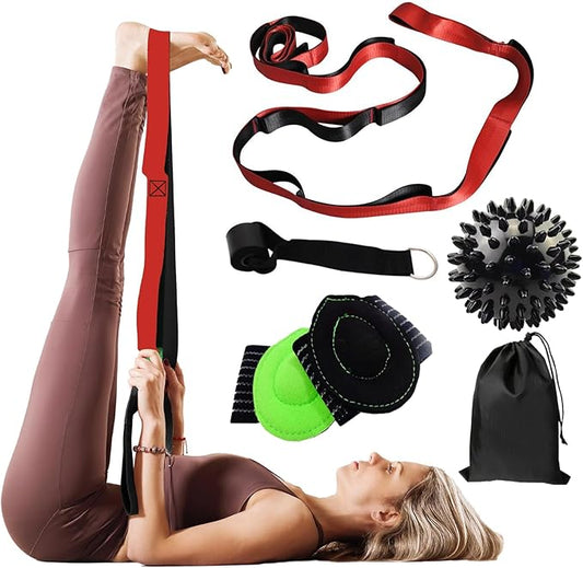Gradient Fitness Therapy Stretching Belt, 12 Circle Multi Ring Stretching Belt (1.5 inches wide x 86.6 inches long), Therapy Equipment, Yoga Stretcher Strap,Leg Stretcher. Equipped with arch foot pads and pointed massage balls(RED)-GravixFit