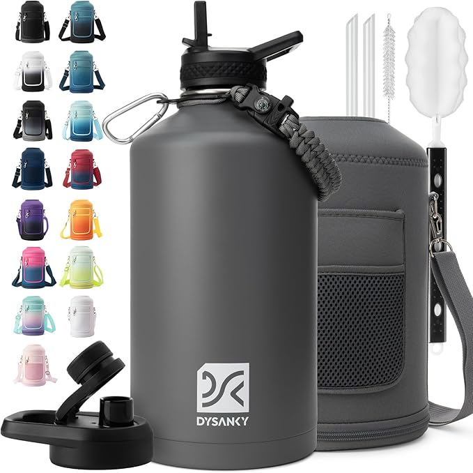 1 Gallon Water Bottle Insulated | Thickened Stainless Steel Vacuum Metal Water Jug | Portable Sports Large for Gym and Hiking with Straw, Carrier Bag, Handle Strap | BPA-Free 128 oz-GravixFit