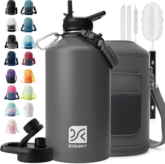 1 Gallon Water Bottle Insulated | Thickened Stainless Steel Vacuum Metal Water Jug | Portable Sports Large for Gym and Hiking with Straw, Carrier Bag, Handle Strap | BPA-Free 128 oz-GravixFit