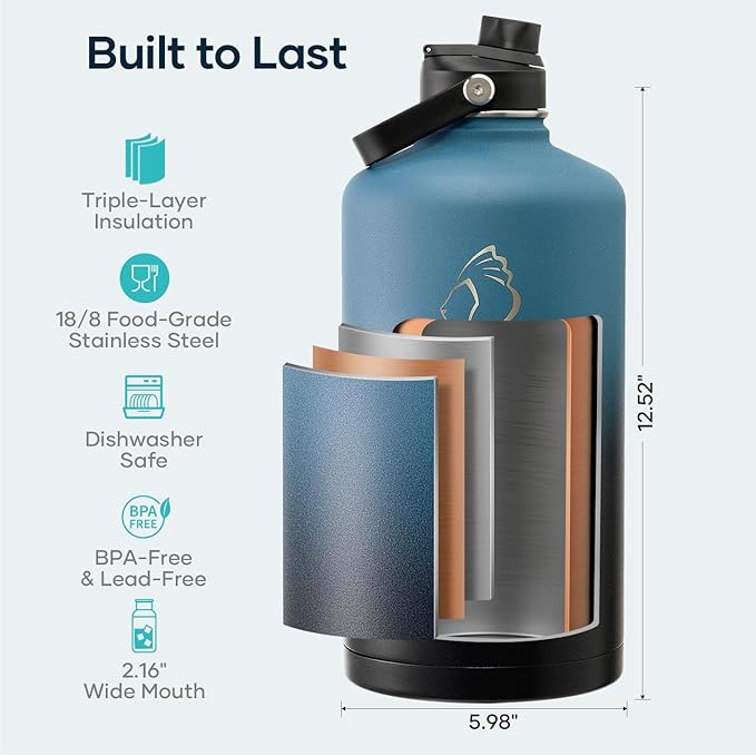 BUZIO 1 Gallon Water Bottle Insulated with Straw Lid, 128oz Large Water Jug Stainless Steel Metal Vacuum Water Flask Leak Proof 18/8 Food Grade Thermo Mug Keep Cold 48H & Hot 24H, Indigo Crush-GravixFit