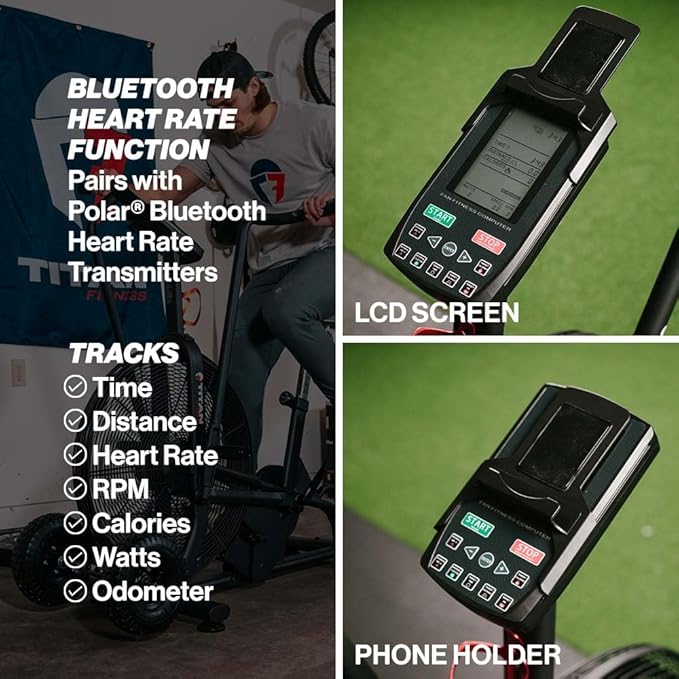 Titan Fitness Fan Bike, Indoor/Outdoor Cycling Exercise Bike with LCD Screen, Stationary Bike for Home Gym, Exercise and Cardio Workout Equipment, Black, 111 LB