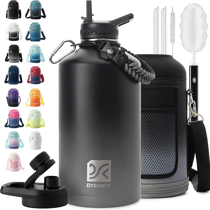 1 Gallon Water Bottle Insulated | Thickened Stainless Steel Vacuum Metal Water Jug | Portable Sports Large for Gym and Hiking with Straw, Carrier Bag, Handle Strap | BPA-Free 128 oz-GravixFit