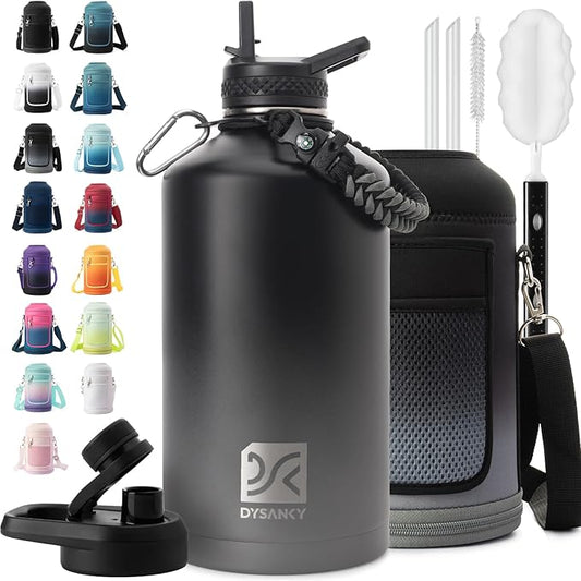 1 Gallon Water Bottle Insulated | Thickened Stainless Steel Vacuum Metal Water Jug | Portable Sports Large for Gym and Hiking with Straw, Carrier Bag, Handle Strap | BPA-Free 128 oz-GravixFit