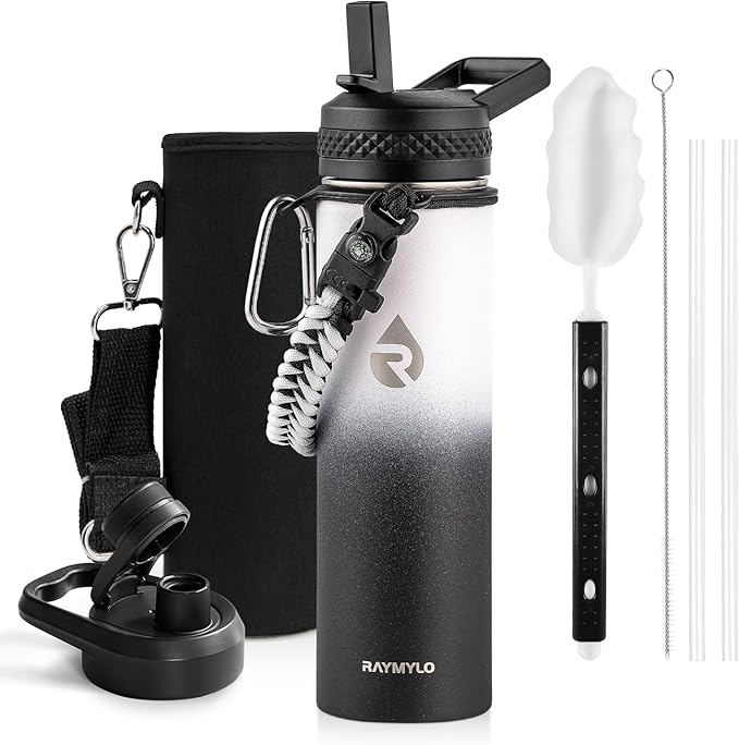 Insulated Water Bottle 20 oz, Triple Wall Vacuum Stainless Steel (Cold for 48 Hrs), Leak Proof & Non-BPA, Kids Water Bottle Jug for School with Straw Spout Lids, Ombre: White/Black-GravixFit