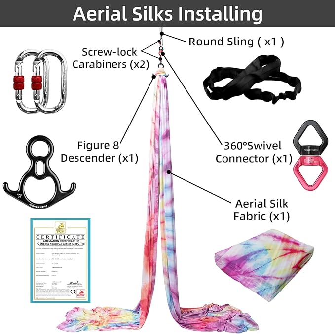 PRIOR FITNESS Aerial Silks Kit Colorful 9/15/20 Yards 40D Nylon Fabric Hammock Set With Hardware & Guide for All Levels Of Aerial Yoga Practice and Acrobatic Flying For Adults Aerial silk-GravixFit