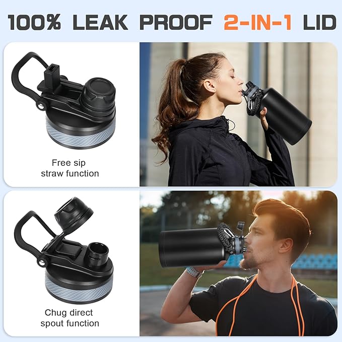 1 Gallon Water Bottle Insulated, Leak Proof 128 oz Stainless Steel Water Jug with Straw/Spout 2-in-1 Lid, Sleeve, Paracord Handle, Silicone Boot, One Gal Metal Canteen for Gym Sports Camping-GravixFit