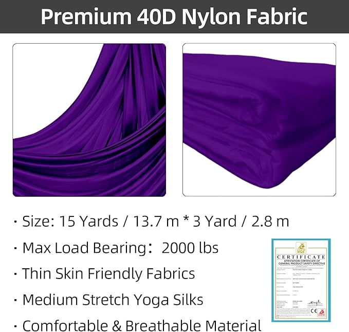 PRIOR FITNESS Aerial Silks Kit Colorful 9/15/20 Yards 40D Nylon Fabric Hammock Set With Hardware & Guide for All Levels Of Aerial Yoga Practice and Acrobatic Flying For Adults Aerial silk-GravixFit