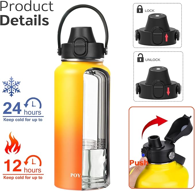 Water Bottle Insulated 32oz 40oz 64oz 128oz Straw Lid Spout Lid & 3 Lids, Leak Proof, Vacuum Insulated,Stainless Steel Water Bottle Wide Mouth for Sports, Gym or Office-GravixFit