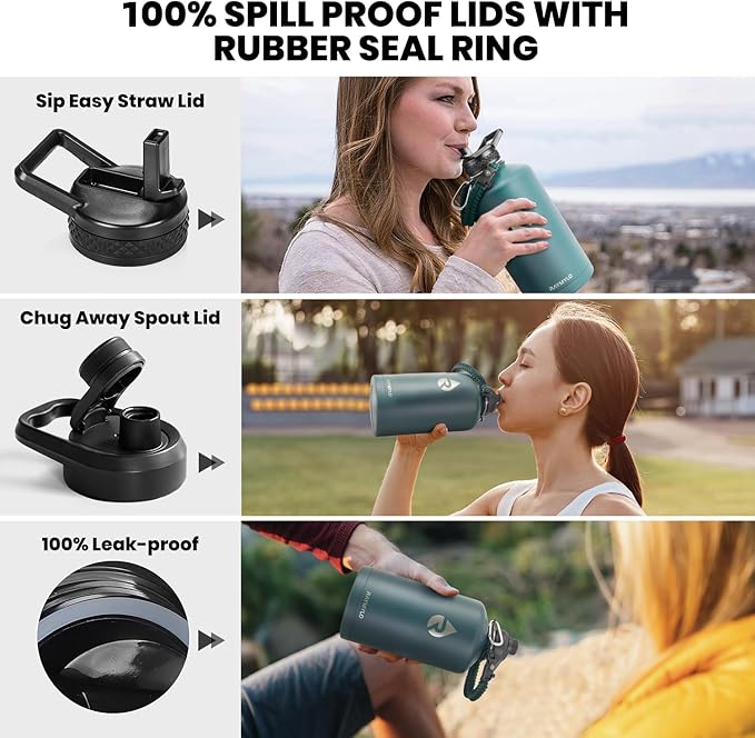 One Gallon Water Bottle Insulated, Triple Walled Vacuum Stainless Steel (Cold for 48 Hrs), Leak Proof & Non-BPA, Large Water Flask Jug with Paracord Handle & Straw Spout Lids-GravixFit