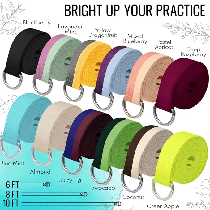 TECEUM Yoga Strap & Mat Strap – 2 IN 1 – Cotton – 6 ft 8 ft 10 ft (30+ colors) – Adjustable Non-Slip Belt for Yoga, Pilates, Stretching, Physical Therapy, Fitness & Home Workout – For Carrying Mats-GravixFit