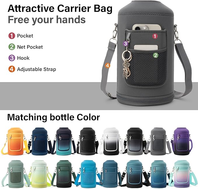 1 Gallon Water Bottle Insulated | Thickened Stainless Steel Vacuum Metal Water Jug | Portable Sports Large for Gym and Hiking with Straw, Carrier Bag, Handle Strap | BPA-Free 128 oz-GravixFit