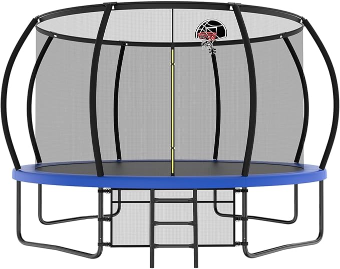 10 12 14 15 16FT Outdoor Trampolines for Kids and Adults, Pumpkin Trampoline with Curved Poles, Recreational Trampoline with Basketball Hoop and Safety Enclosure Net for Kids and Adults-GravixFit