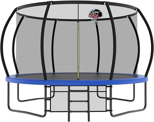10 12 14 15 16FT Outdoor Trampolines for Kids and Adults, Pumpkin Trampoline with Curved Poles, Recreational Trampoline with Basketball Hoop and Safety Enclosure Net for Kids and Adults-GravixFit