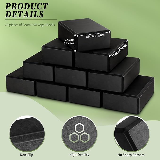 Yilloog 20 Pcs Foam EVA Yoga Blocks - High Density Non Slip Supportive Foam Blocks - Lightweight Black Yoga Bricks - Props for Women, Men, Beginners, Pilates, Meditation-GravixFit