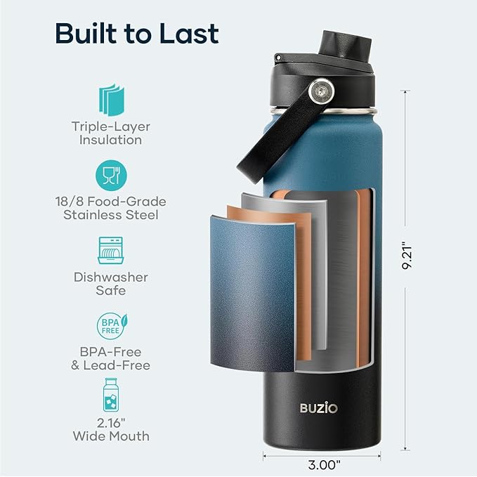 BUZIO Insulated Water Bottle with Straw Lid and Flex Cap, 22oz Modern Double Vacuum Stainless Steel Water Flask, Cold for 48 Hrs Hot for 24 Hrs Simple Thermo Canteen Mug, Indigo Black-GravixFit