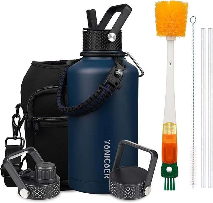 Insulated Water Bottle 64oz,Triple Wall Vacuum Stainless Steel(Dishwasher Safe),Leak Proof & Non-BPA,Flask Jug with Paracord Handle & Straw Spout Lids Sports-GravixFit
