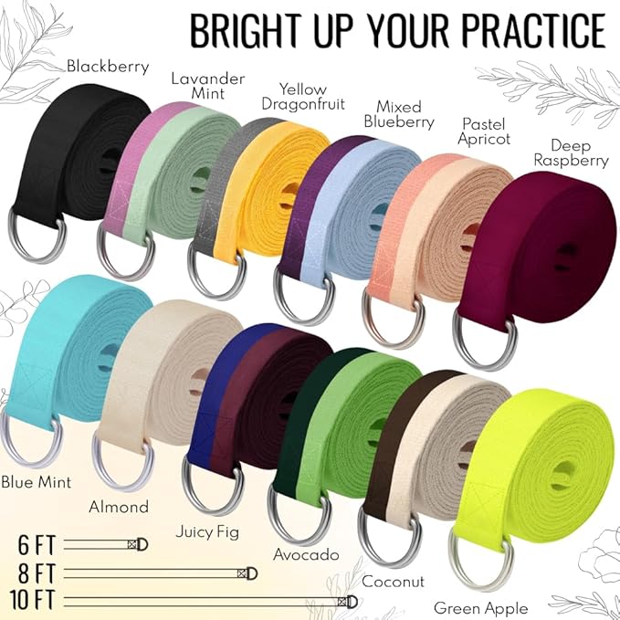 TECEUM Yoga Strap & Mat Strap – 2 IN 1 – Cotton – 6 ft 8 ft 10 ft (30+ colors) – Adjustable Non-Slip Belt for Yoga, Pilates, Stretching, Physical Therapy, Fitness & Home Workout – For Carrying Mats-GravixFit