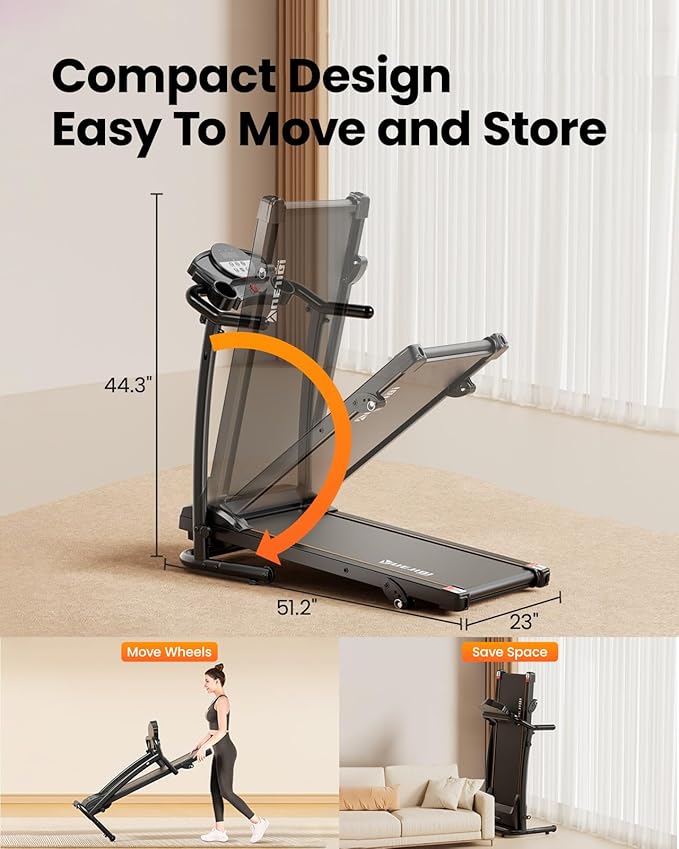 Treadmills for Home, 3.0HP Quiet Brushless Foldable Treadmill with Incline, Small Space Portable Running Walking Machine, 240/300 Lbs Capacity with Cup Holder
