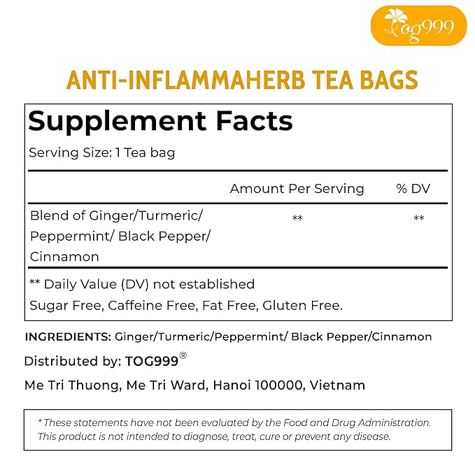 120 Tea Bags - Anti-Inflammaheb Loose Leaf Tea, 100% Natural from Ginger, Turmeric, Peppermint, Black Pepper, Cinnamon. Made with Natural Material Tea Bags. No Sugar, No Caffeine, No Gluten, Vegan.-GravixFit