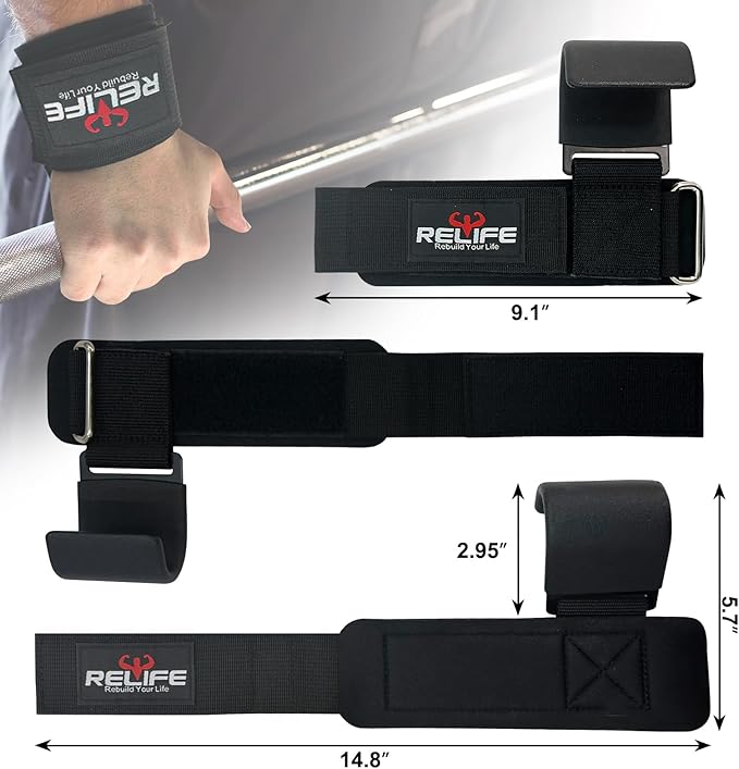 RELIFE REBUILD YOUR LIFE Lifting Hooks for Men and Women(Pair), Pull Up Straps, Gym Reapers Lifting Wrist Grips, Heavy Powerlifting, Lifting Hooks for Weight Lifting-GravixFit