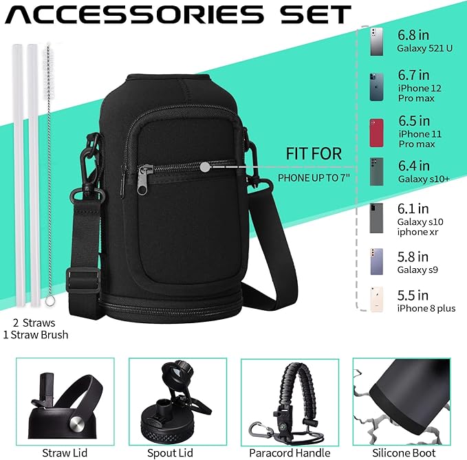 Half Gallon Insulated Water Bottle - with Straw & Spout Lid, Paracord Handle & Carrier Bag, Protective Cup Mat, 64oz Vacuum Stainless Steel Water Bottle, Metal Vacuum Flasks Keep Cold 48h Hot 24h-GravixFit