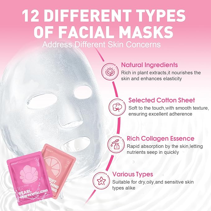 12 Pack Collagen Hydrating Face Masks Skincare, Sheet Face Mask for All Skin Types, Facial Masks Set for Women Skin Care, Face Mask Bulk Spa Gifts for Women-GravixFit