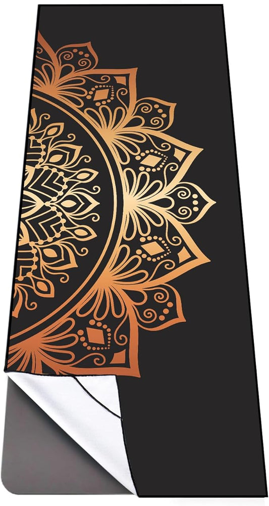 QiyI Yoga Mat Towel with Corner Pockets, Non Slip Sweat Absorbent Hot Yoga Towels, Soft Yoga Blankets with Travel Bag, Skidless Mat Cover for Workout, Gym, Fitness - 70"x26", Luxury Golden Mandala-GravixFit