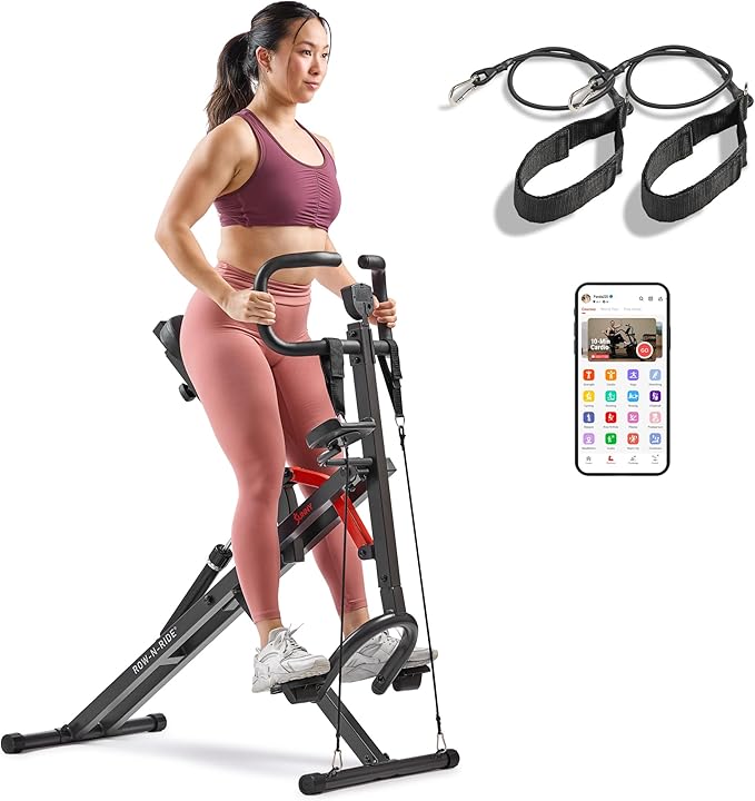 Sunny Health & Fitness Row-N-Ride PRO, Full Body Combo Squat Machine w/Optional Resistance Band, Easy Setup Ab Workout Exercise Equipment for Home, Whole Body Cardio, Optional SunnyFit App Connection