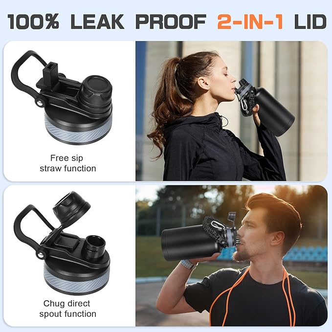 Insulated Water Bottle 64 oz, Half Gallon Water Jug Cold 48H, BPA Free Stainless Steel Bottles with Straw/Chug 2-in-1 Lid, Bag, Paracord Handle, Silicone Boot, Sports Gym School Metal Flask-GravixFit