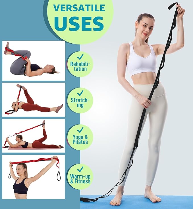 Gradient Fitness Therapy Stretching Belt, 12 Circle Multi Ring Stretching Belt (1.5 inches wide x 86.6 inches long), Therapy Equipment, Yoga Stretcher Strap,Leg Stretcher. Equipped with arch foot pads and pointed massage balls(BLACK)-GravixFit