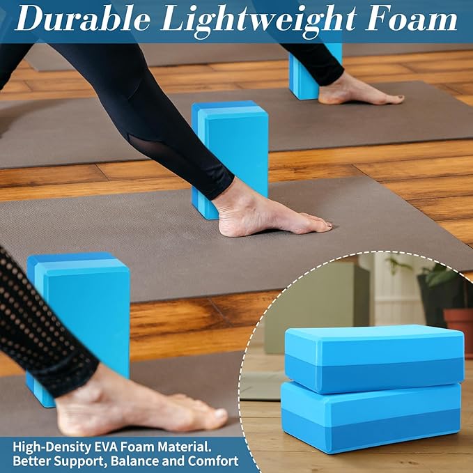 Liliful 10 Pcs Yoga Blocks Bulk Eva Foam Exercise Yoga Brick Soft Non Slip Surface Foam Blocks High Density Yoga Accessories for Workout Stability Balance Deepen Stretches Pilates 9''x6''x3''(Blue)-GravixFit