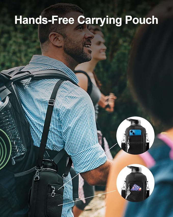 Trebo Half Gallon Water Bottle Insulated with Handle, 64 oz Double Wall Stainless Steel Metal Large Jug, Travel Flask with Straw Spout Lid, Mug Tumbler Cup with Carry Pouch, Keep Cold Hot, Blue-GravixFit