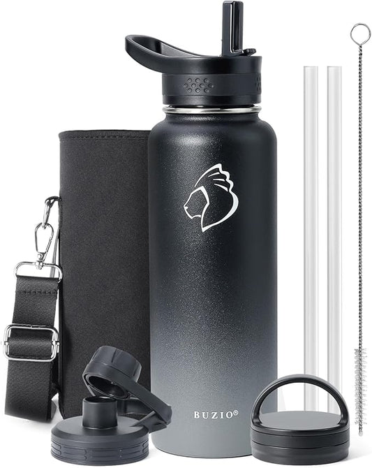 BUZIO 40 oz Water Bottle Insulated with Straw & 3 lid and Carrying Pouch, Leak Proof Anti-Slip Stainless Steel Water Flask Jug, Cold for 48 Hrs Double Vacuum Thermo Canteen, BPA-Free, Shadow-GravixFit
