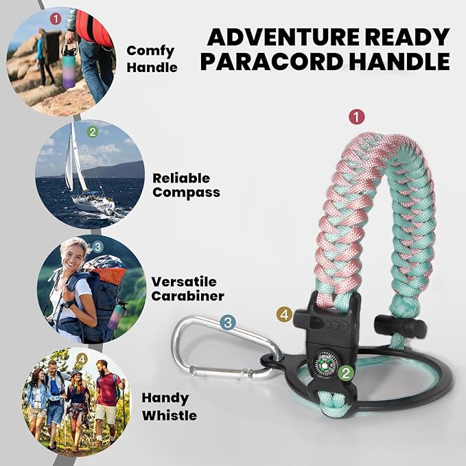 Insulated Water Bottle 32 oz, Triple Wall Vacuum Stainless Steel (Cold for 48 Hrs), Leak Proof & Non-BPA, Modern Water Flask Jug with Paracord Handle & Straw Spout Lids, Hydrangea-GravixFit