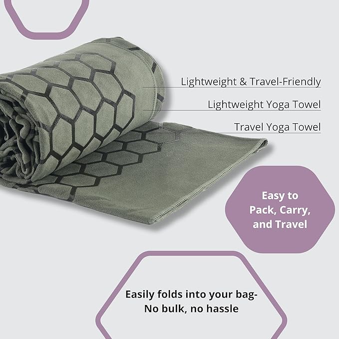 Clever Yoga Non-Slip Hot Yoga Towel – Non-Slip Grip for Hot Yoga, Sweat Absorbent, Honeycomb Silicone Grip, Stays Flat – Ideal for Pilates, Travel, Washable & Lightweight - Olive-GravixFit