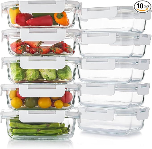 10 Pack 22 Oz Glass Meal Prep Containers with Lids, Reusable Glass Food Storage Containers with Lids, Leak Proof, Microwave, Oven, Freezer and Dishwasher Safe (White)-GravixFit