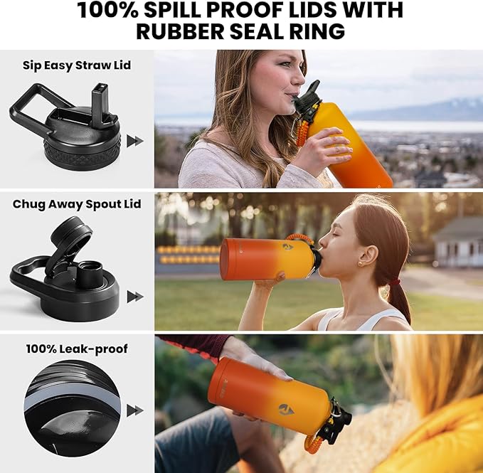 Insulated Water Bottle 87 oz, Triple Wall Vacuum Stainless Steel (Cold for 48 Hrs), Leak Proof & Non-BPA, Modern Water Flask Jug with Paracord Handle & Straw Spout Lids, Ombre Orange-GravixFit