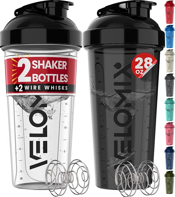 '-2 Pack- 28 oz Protein Shaker Bottles for Protein Mixes - 2x Wire Whisk | Leak Proof Shaker Cups for Protein Shakes | Protein Shaker Bottle Pack (Black/Transparent)-GravixFit