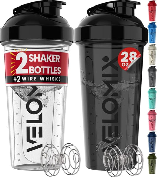 '-2 Pack- 28 oz Protein Shaker Bottles for Protein Mixes - 2x Wire Whisk | Leak Proof Shaker Cups for Protein Shakes | Protein Shaker Bottle Pack (Black/Transparent)-GravixFit