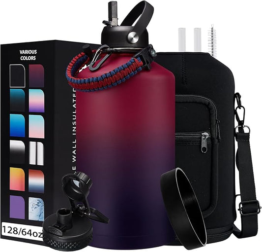 1 Gallon Insulated Water Jug - with Paracord Handle, Straw & Chug Lid, Water Bottles Holder with Strap, 128oz Stainless Steel Large Water Bottle, Keep Hot 12H & Cold 48 for Travel Hiking Camping Work-GravixFit