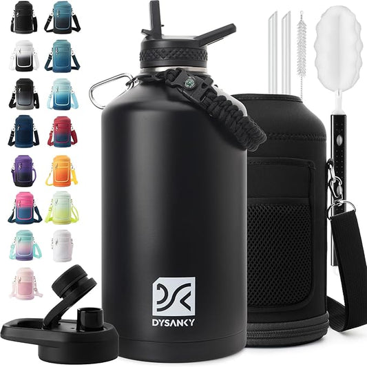 1 Gallon Water Bottle Insulated | Thickened Stainless Steel Vacuum Metal Water Jug | Portable Sports Large for Gym and Hiking with Straw, Carrier Bag, Handle Strap | BPA-Free 128 oz-GravixFit